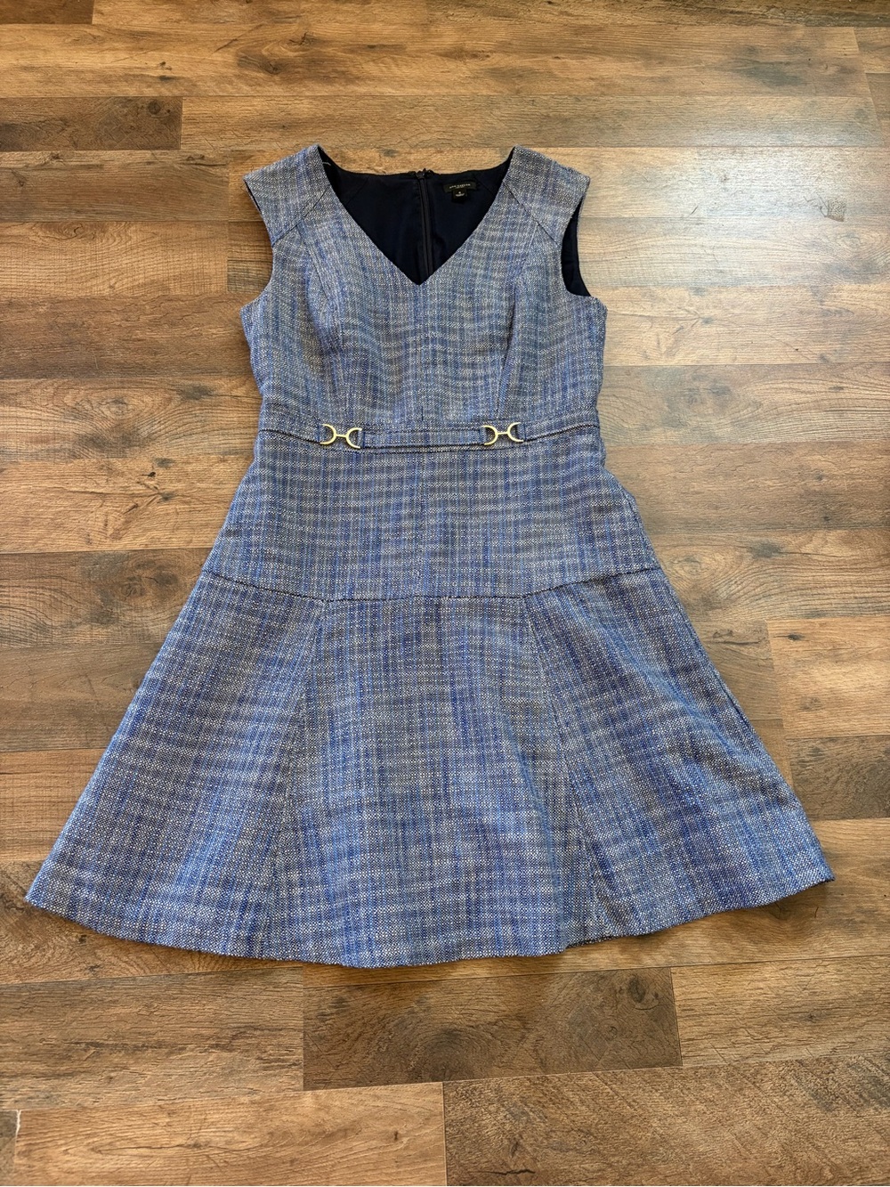 Ann Taylor Sleeveless Blue Plaid A-Line Dress with Gold Accent Size 4